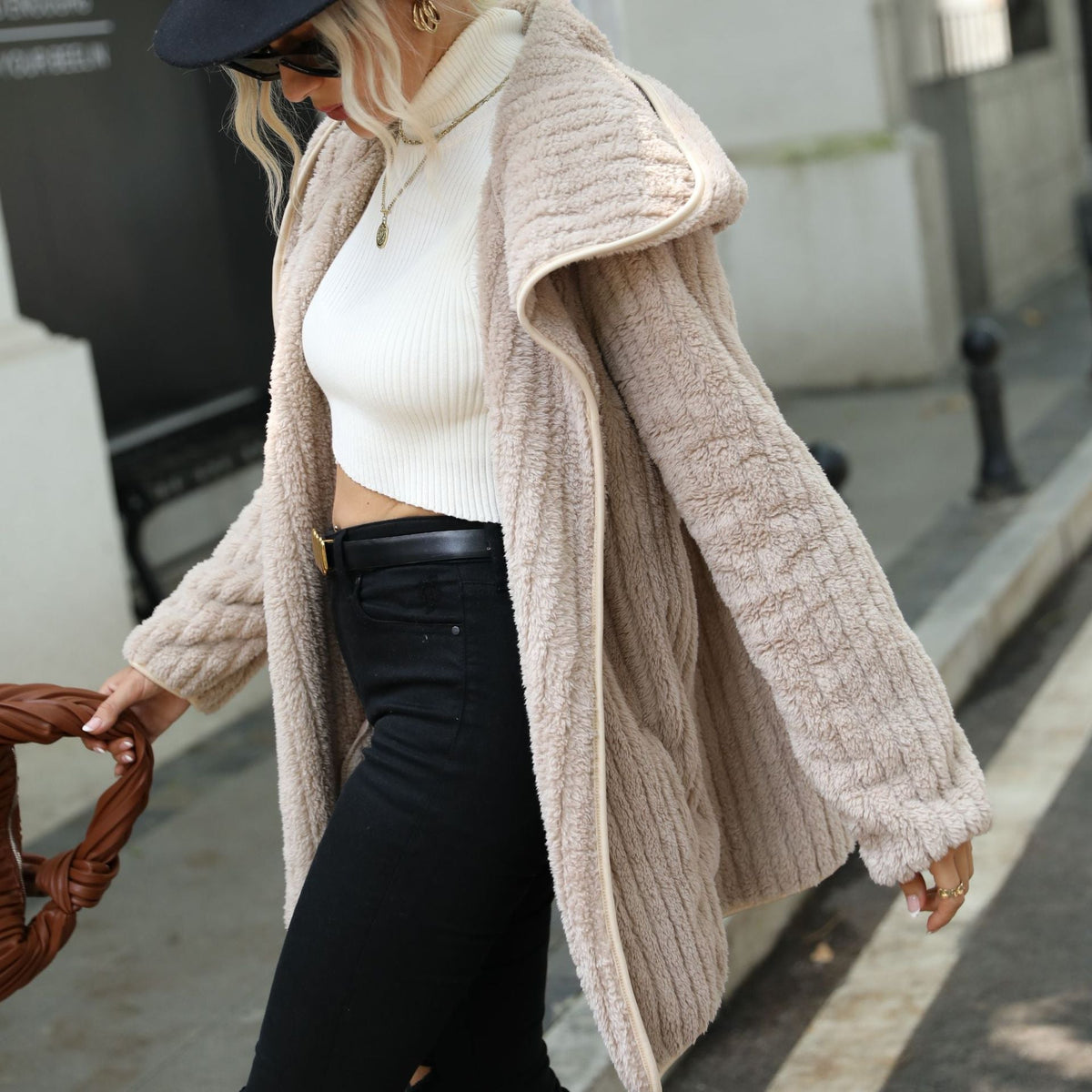Damen-Strickjacke, trendiges Plüsch, ohne Verschluss, weich, lässige Passform-2
