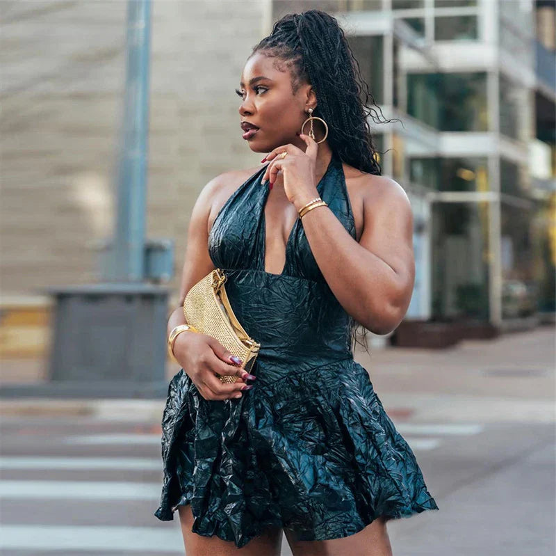 Mini-Kleid für Damen mit V-Ausschnitt – A-Linienform, Polyester, schmeichelhafte Falten, perfekt für Sommerfeste 2