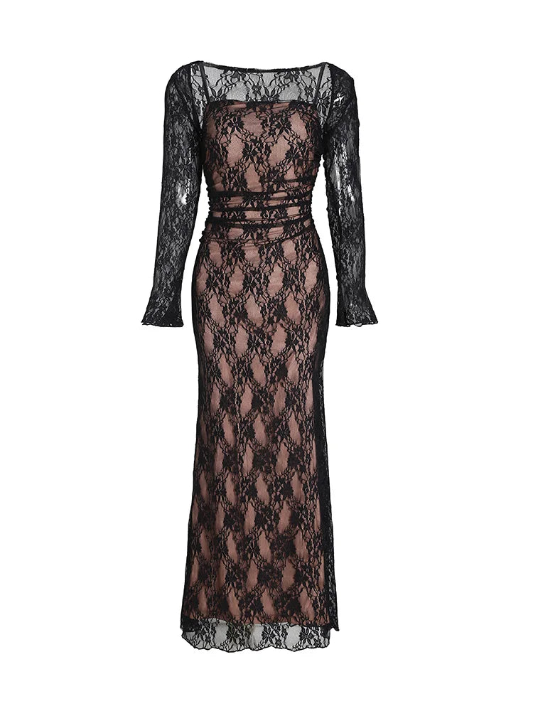 Maxikleid Damen Elegant Knöchellang Polyester Lange Ärmel-5