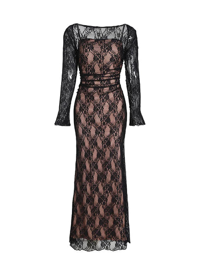 Maxikleid Damen Elegant Knöchellang Polyester Lange Ärmel-5