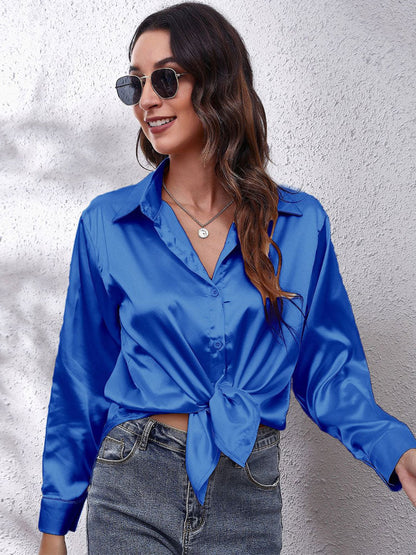 Damen-Bluse, Satin, lässiger Schnitt, lange Ärmel-4