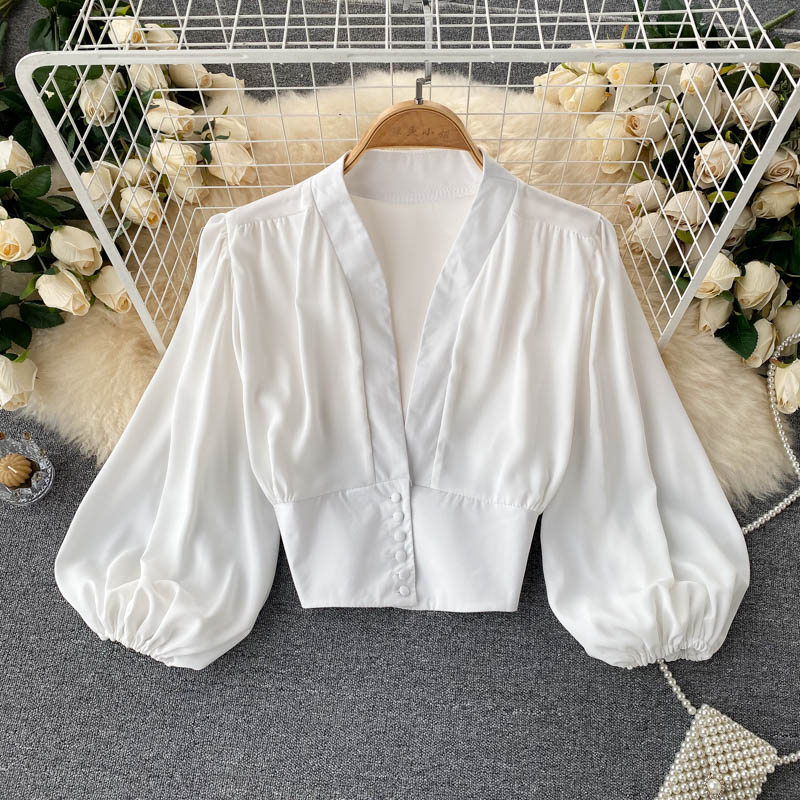 Weiße Damenbluse V-Ausschnitt Chiffon Leicht und atmungsaktiv-3