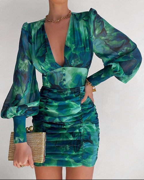 Damenkleid Abstrakter Print Geraffter Saum Polyester-1
