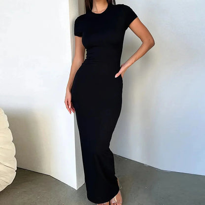 Maxikleid Damen Kurze Ärmel Polyester Langes Kleid-3
