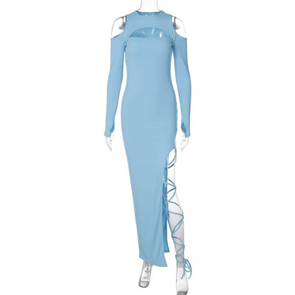Maxikleid Damen Asymmetrisches O-Ausschnitt Lange Ärmel Polyester-6