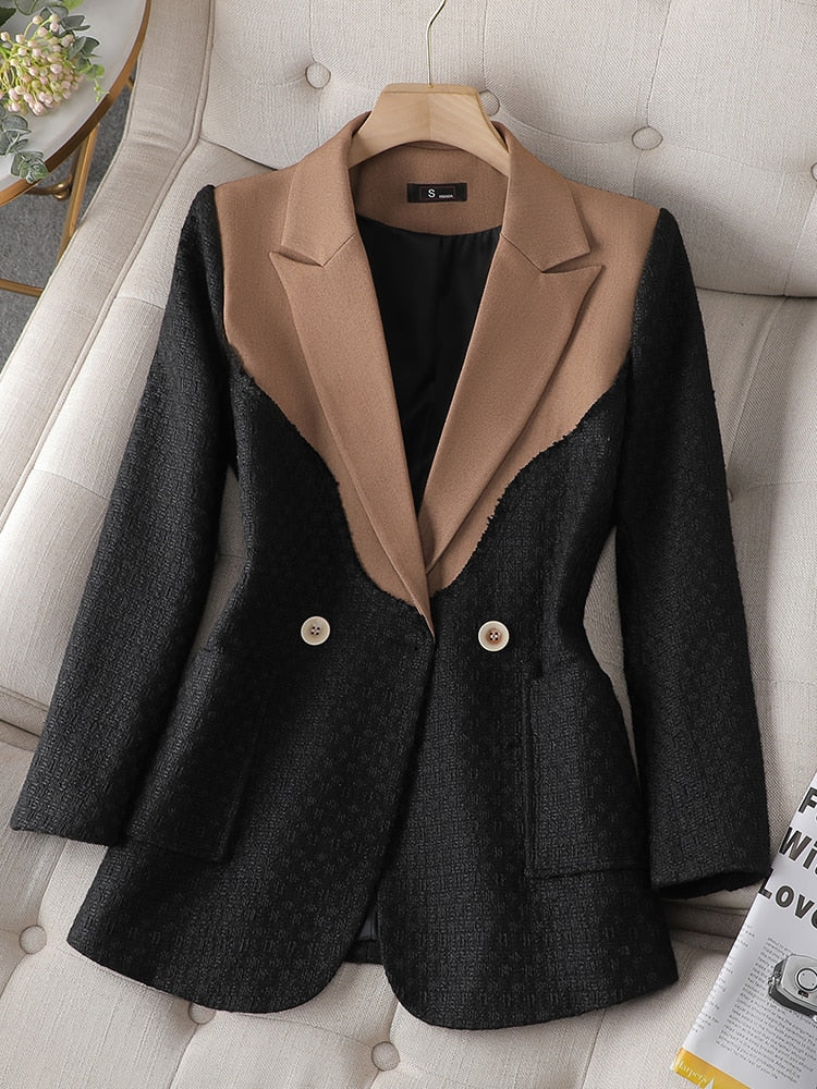 Variant image for Damen Blazer mit Umlegekragen in Synthetikfaser, Elegantes Patchwork Design, Zeitlos Full Länge-2
