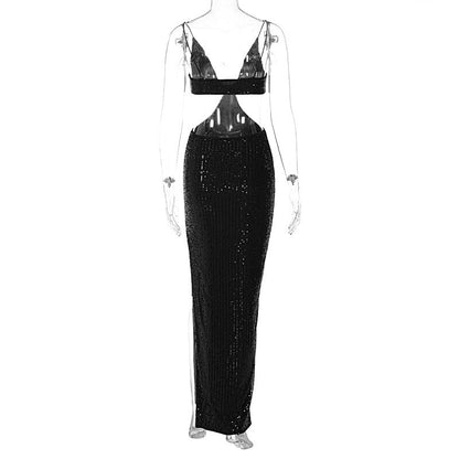Damen-Maxikleid, Spaghettiträger, V-Ausschnitt, Polyester, Pailletten 6
