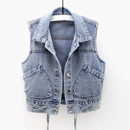 Damen-Jeansweste Vintage Mittelblauer Bio-Denim mit klassischen Details-1