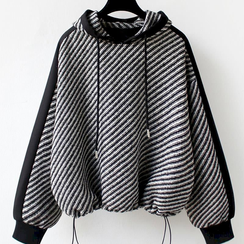 Damen-Hoodie Gestreift Weiche Baumwolle-1