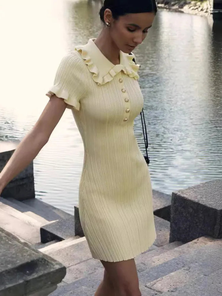 Damen-Minikleid, geraffter Ausschnitt, Polyester mit Knöpfen-2