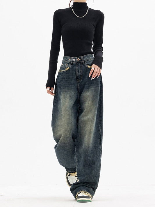 Damen-Baggy-Jeans mit weitem Bein, hohe Taille, Denim 1