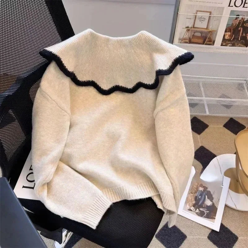 Damen-Strickpullover mit modernem Peter-Pan-Kragen aus 100 % Acryl-4