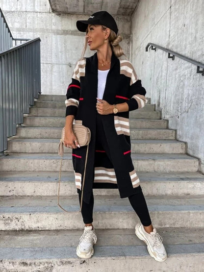 Variant image for Damen-Strickjacke, lang, gestreift, gestrickt, weicher Stoff-6