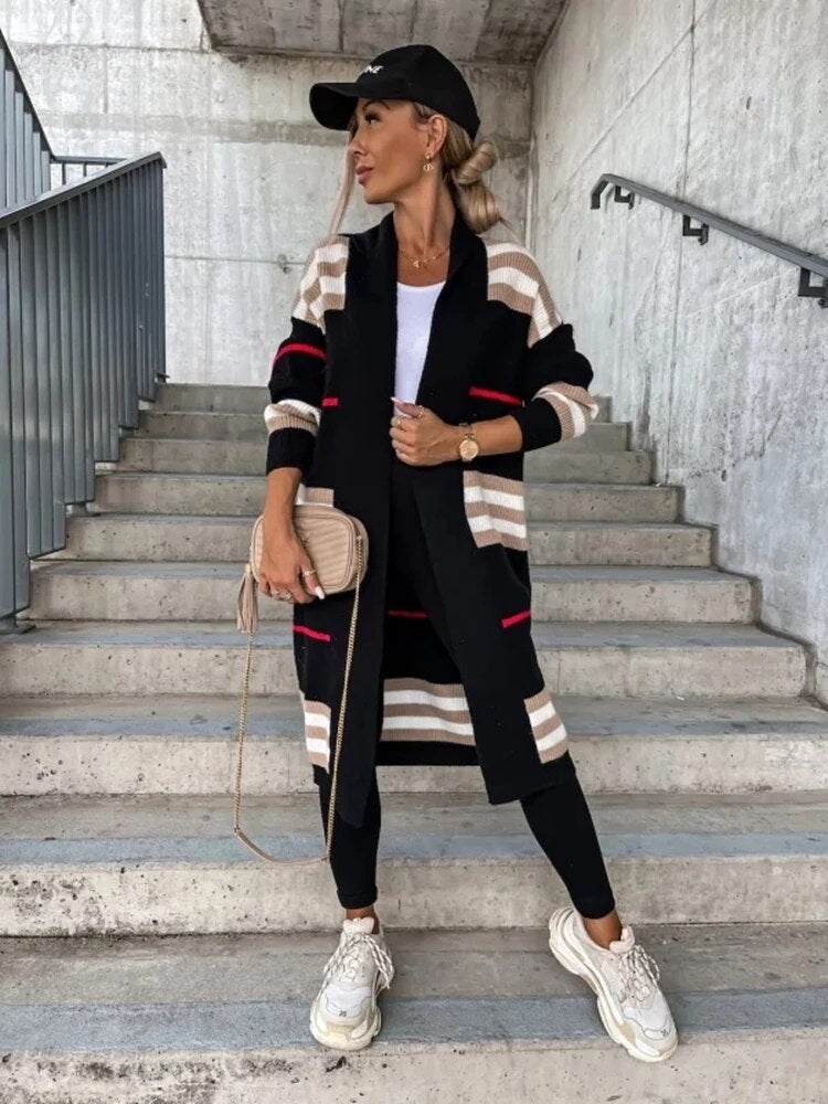 Variant image for Damen-Strickjacke, lang, gestrickt, gestreift, weiche Qualität-6