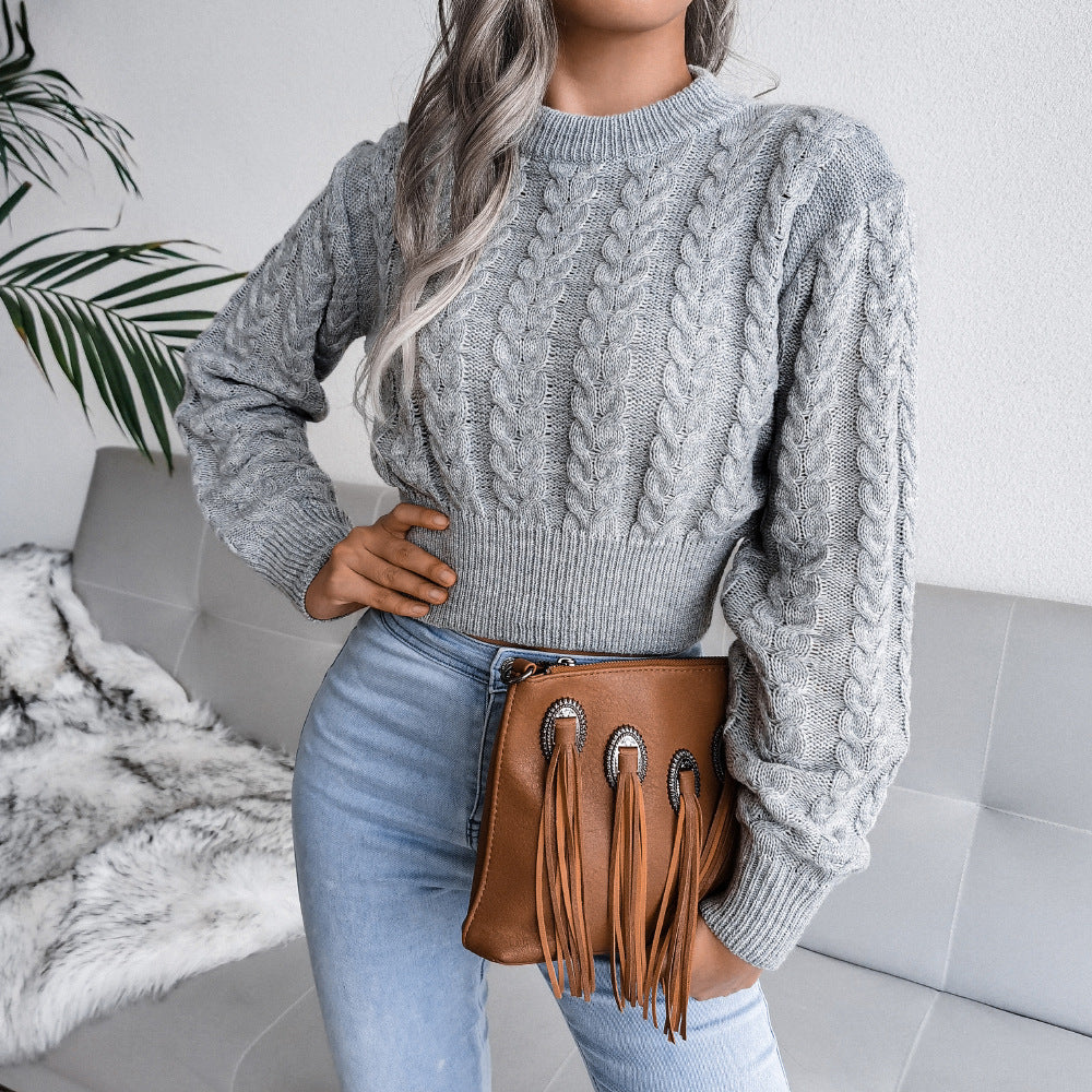 Damen-Pullover, kurz, gemusterte Baumwolle, trendiges Design 1