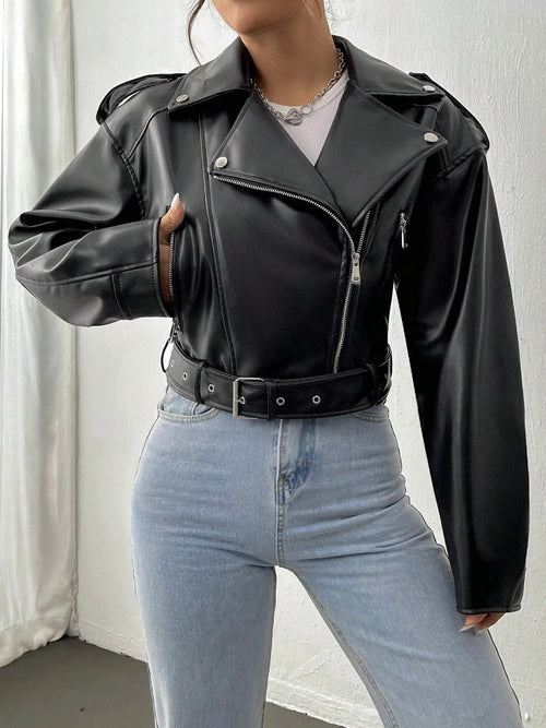 Damen-Lederjacke, lässiger Stil, mit Reißverschluss-1