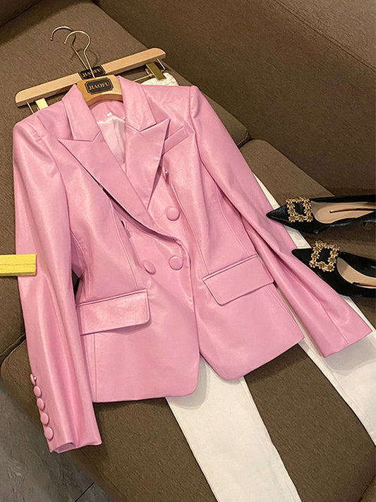 Damen Blazer Trendiger Synthetikleder Spitzer Kragen Relaxed Fit-1