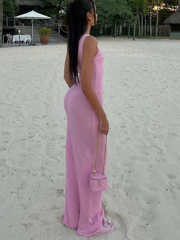 Ärmelloses Maxikleid für Damen aus leichtem Strickstoff – Elegantes und kühles Kleid für Sommer-Strandausflüge 2