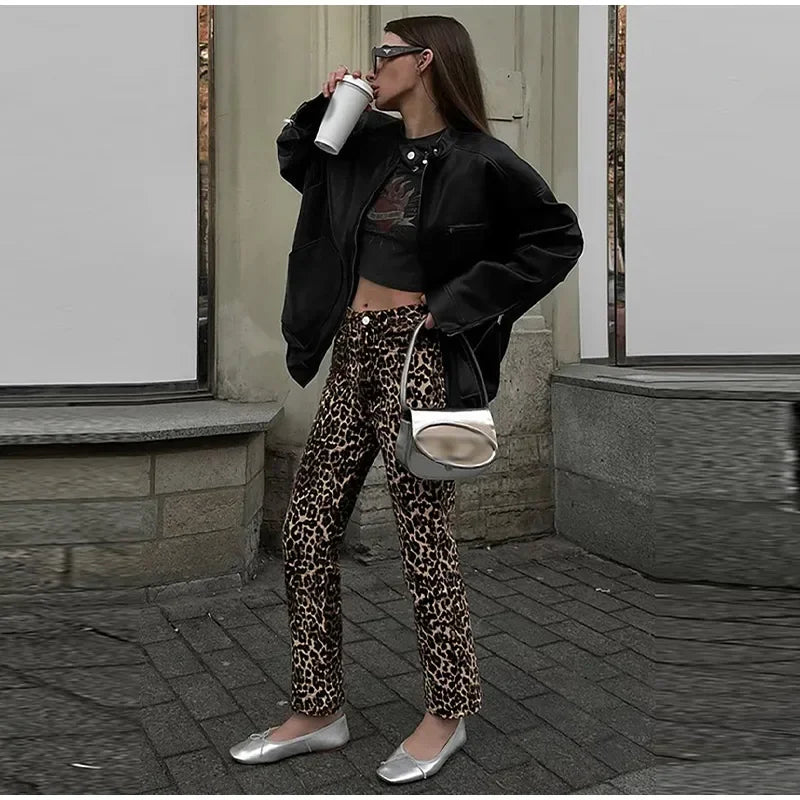 Damen-Jeans Schmale Passform Leopardenprint Baumwolle-4