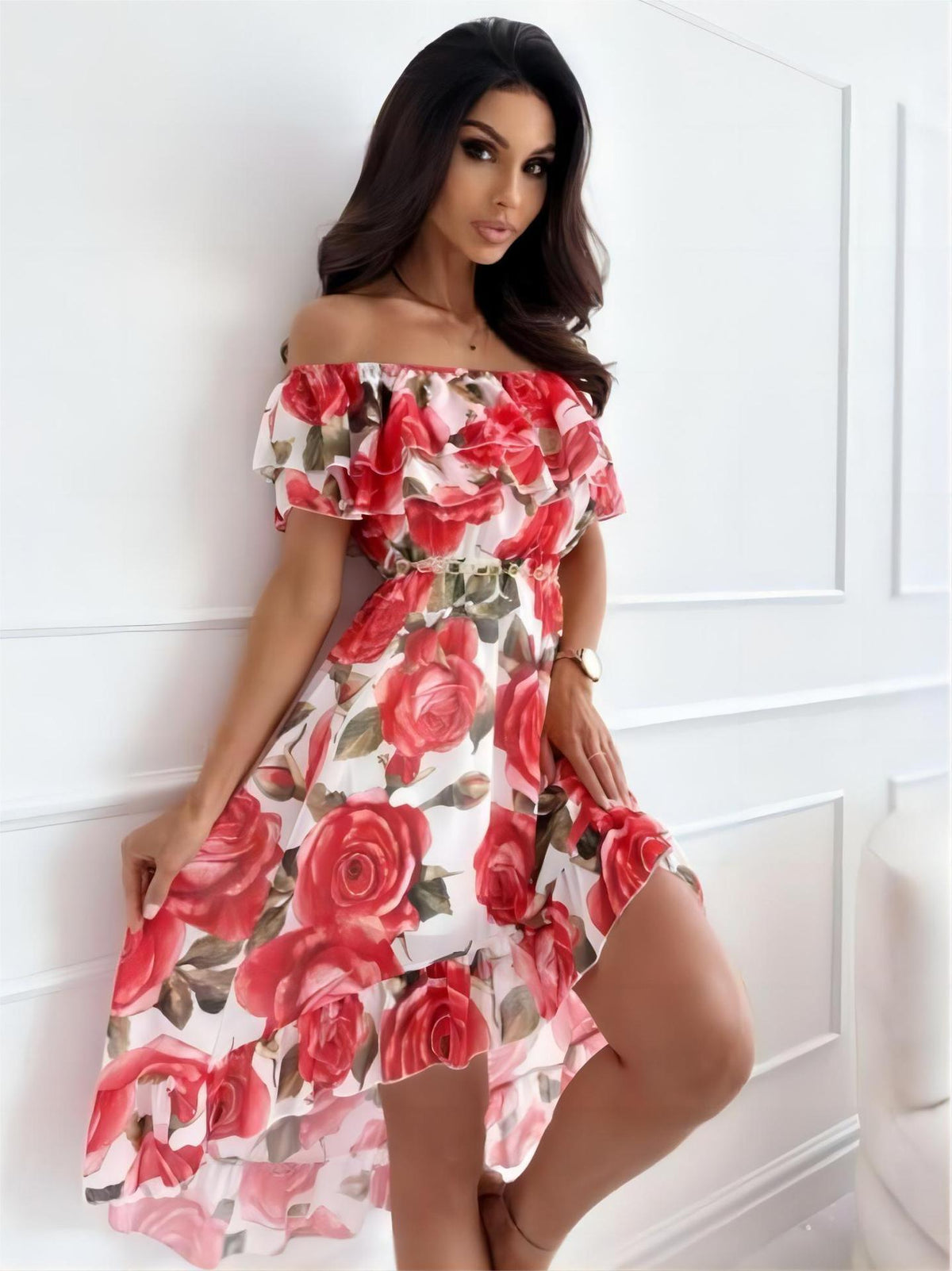 Damen-Minikleid, schulterfrei, Polyester, mit elastischer Taille-2