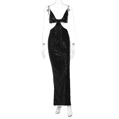 Damen-Maxikleid, Spaghettiträger, V-Ausschnitt, Polyester, Pailletten 4