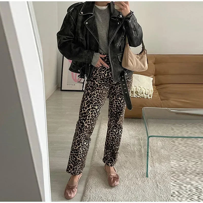 Damen-Jeans Schmale Passform Leopardenprint Baumwolle-3