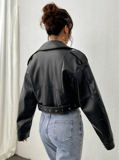 Damen-Lederjacke, lässiger Stil, mit Reißverschluss-2