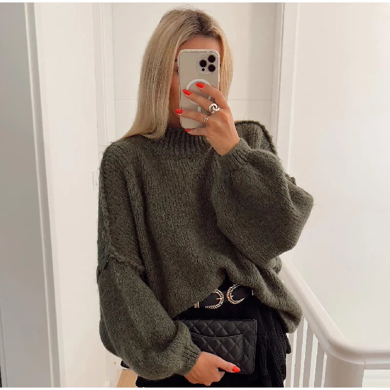 Damen-Strickpullover mit Ballonärmeln, leicht, weiches Material-5