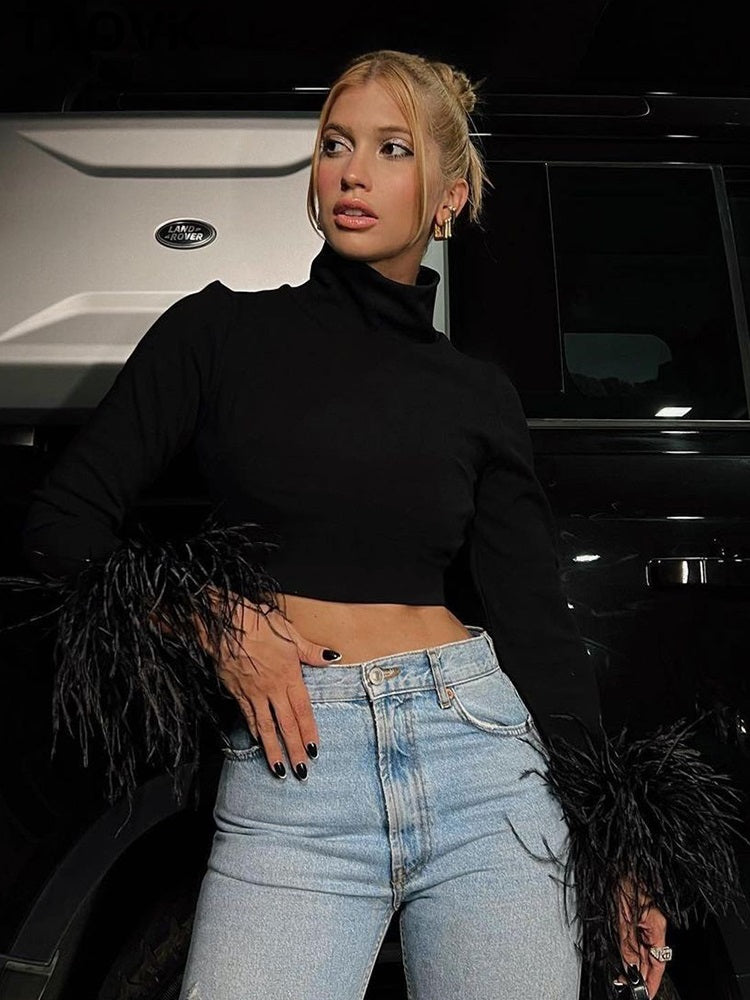 Schwarzes Damen-Partytop mit Federn – Polyester, elegantes Design für festliche Anlässe und den Alltag 1
