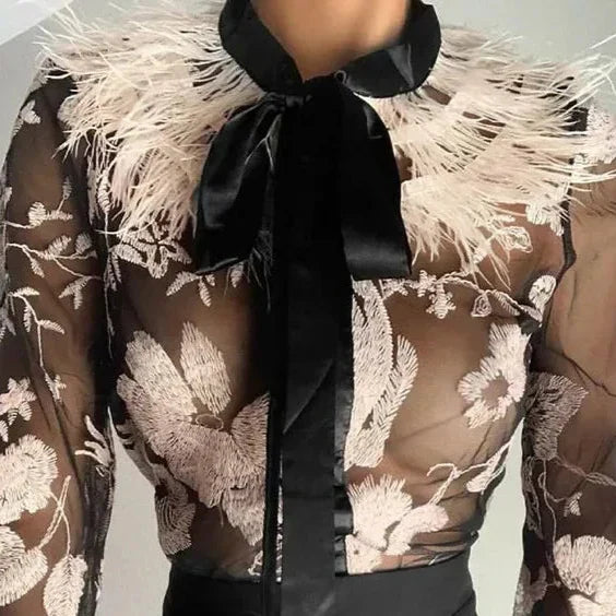 Damen-Hemd, Blumenmuster, lange Ärmel, Polyester-2