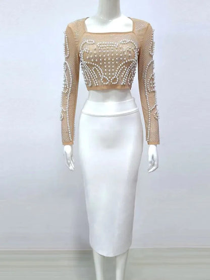 Damenkleid Monochrom Polyester Lang mit Perlenkragen-4