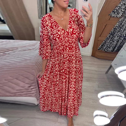 Damen-V-Ausschnitt-Kleid, Boho, 3/4-Ärmel, 100 % Baumwolle-5