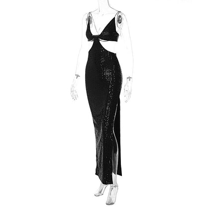 Damen-Maxikleid, Spaghettiträger, V-Ausschnitt, Polyester, Pailletten 5