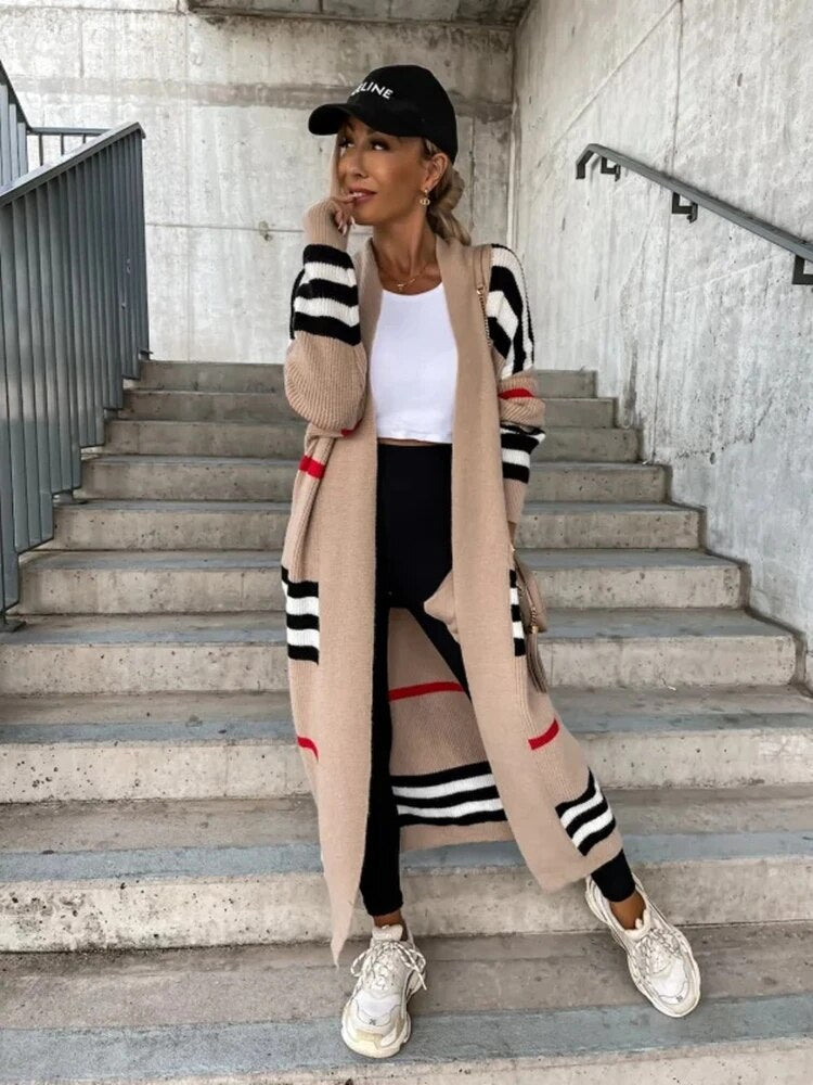 Damen-Strickjacke, lang, gestreift, gestrickt, weicher Stoff-2
