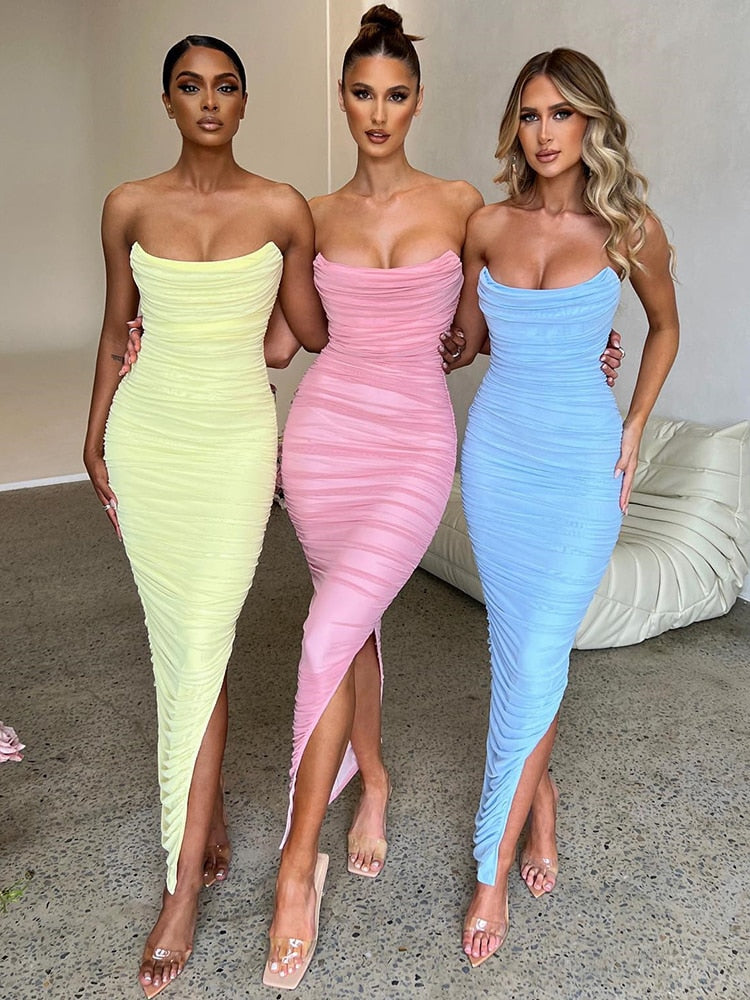 Damen-Maxikleid, ohne Träger, Baumwolle, Polyester, eleganter Sommer, langes Kleid-2