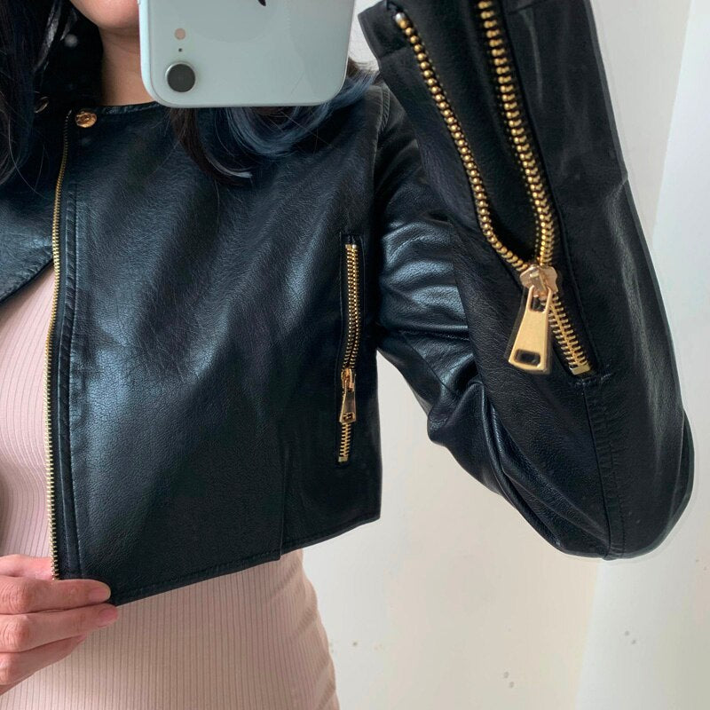 Damen-Kurzjacke, figurbetontes Synthetikleder, hohe Taille-3