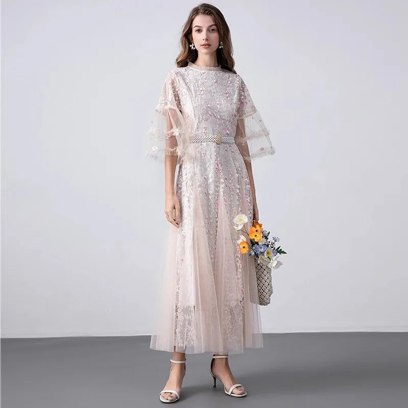 Damen-Midikleid, O-Ausschnitt, Baumwolle, Polyester-2