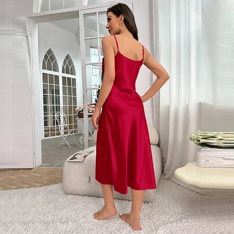 Damen-Nachtkleid, knielang, Seide, Polyester, elegantes Design-2
