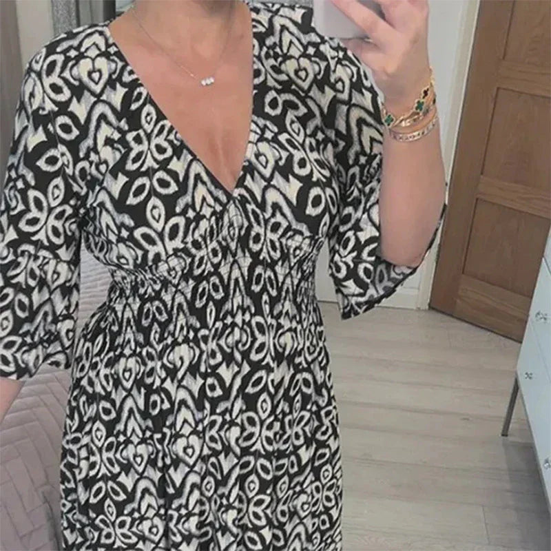 Damen-V-Ausschnitt-Kleid, Boho, 3/4-Ärmel, 100 % Baumwolle-3