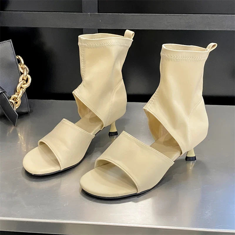 Elegante Damen-Sandalen mit offener Spitze und schmalem Absatz aus Stretchmaterial – Bequeme Passform und Gummisohle 8