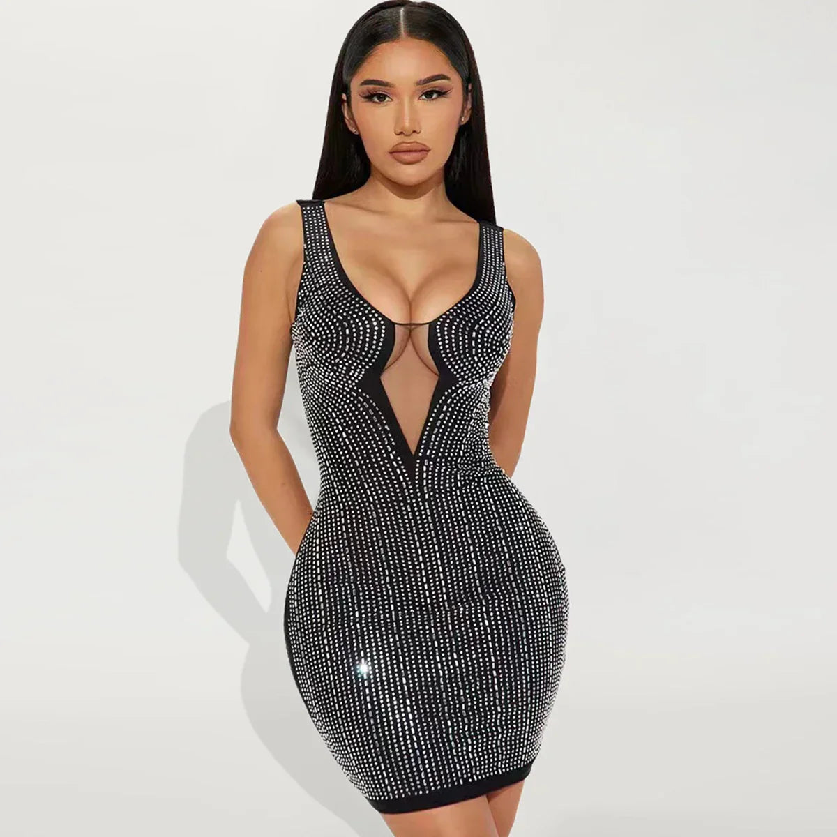 Glitzerndes Minikleid für Damen mit viereckigem Ausschnitt – schwarzes Polyesterkleid für Partys und Abende 2