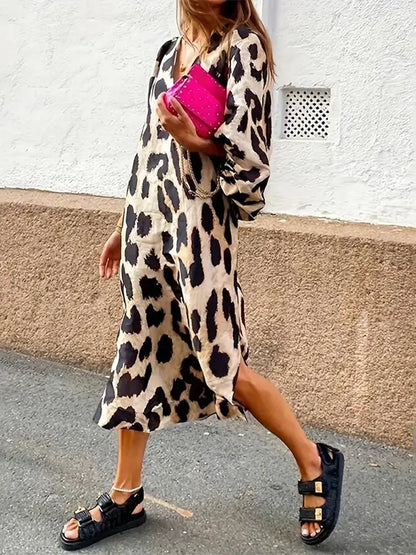 Damen-Kleid, Leopardenmuster, Drei, Viertel, Ärmel, lockerer Schnitt, luftig, Stoff-1