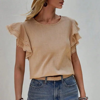 Damenbluse rüschenbesetzte Ärmel gehäkelte Details Polyester-6