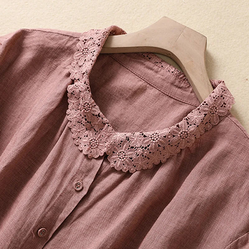 Damen-Sommerbluse, klassischer Kragen, leichtes Leinen-2