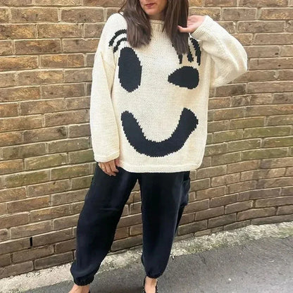 Damen-Strickpullover, oversized, boho, aus weichem Material, mit Smiley-Design-6