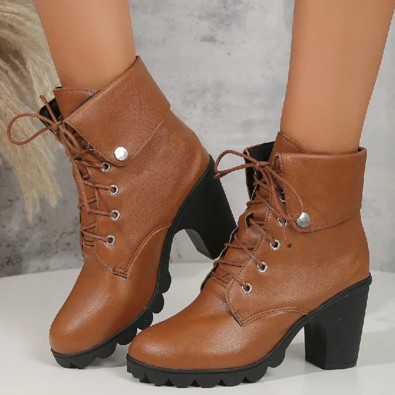 Damen-Stiefeletten mit Schnürung, Plateau, farbiges Leder-1