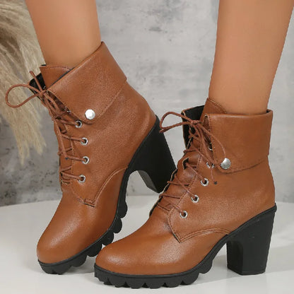Damen-Stiefeletten mit Schnürung, Plateau, farbiges Leder-1