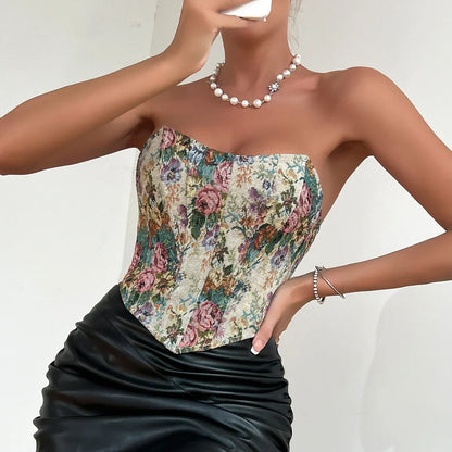 Damen-Bustier-Top, geblümtes Vintage, Polyester, Spandex 3