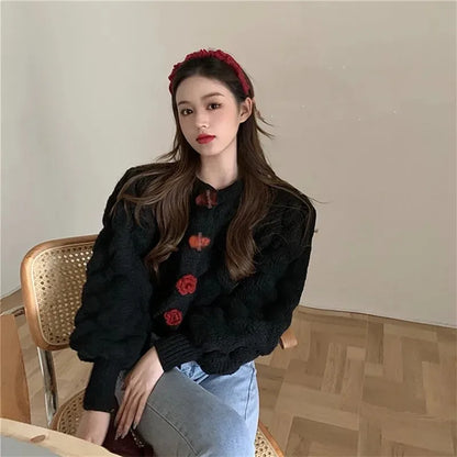 Damen-Strickjacke, lang, gestrickt, Wollmischung mit Blumenknöpfen-3