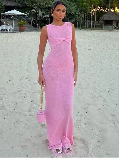 Ärmelloses Maxikleid für Damen aus leichtem Strickstoff – Elegantes und kühles Kleid für Sommer-Strandausflüge 1